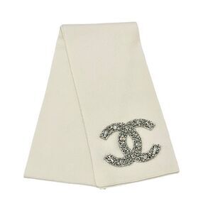 Chanel Muffler Cashmere White Coco Mark Pearl Rhinestone Bijou